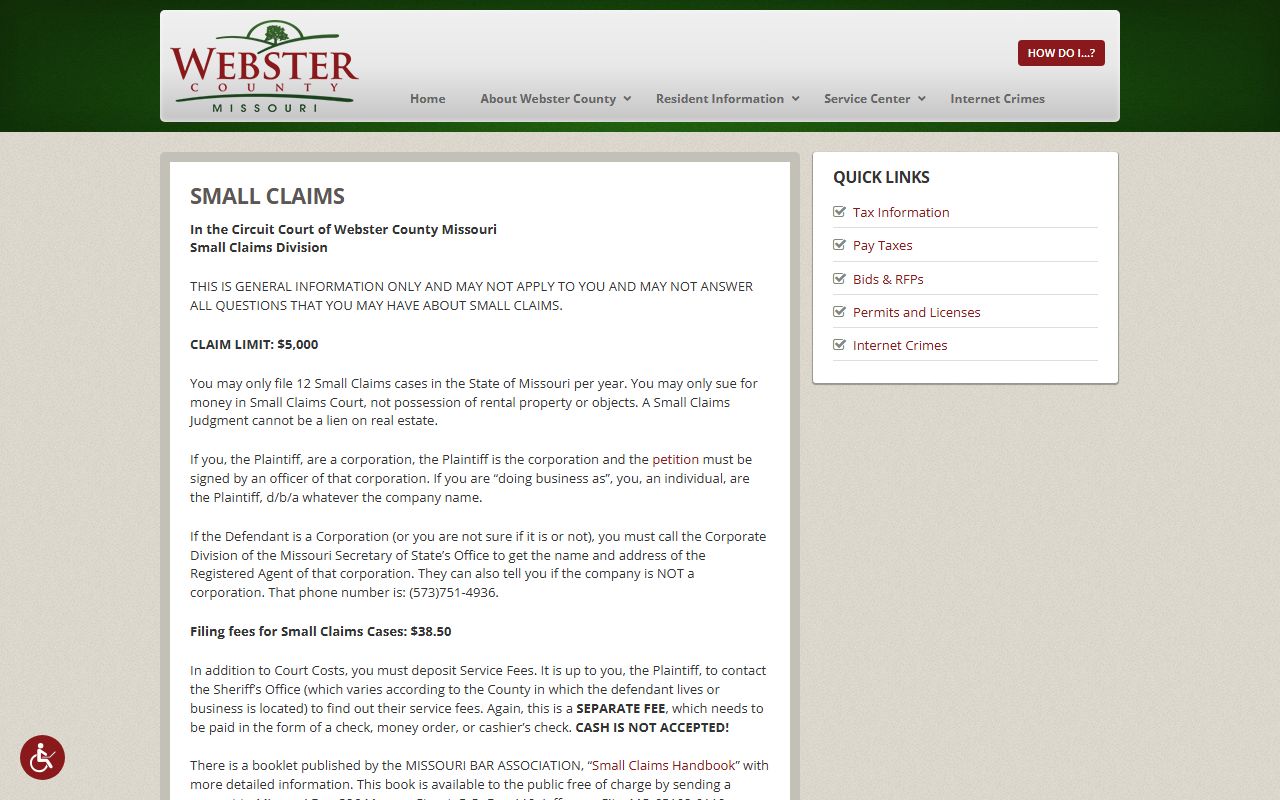 Webster County Circuit Clerk records small claims page