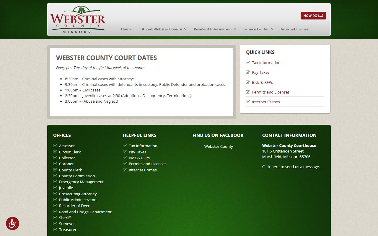 Webster County Court dates and docket records