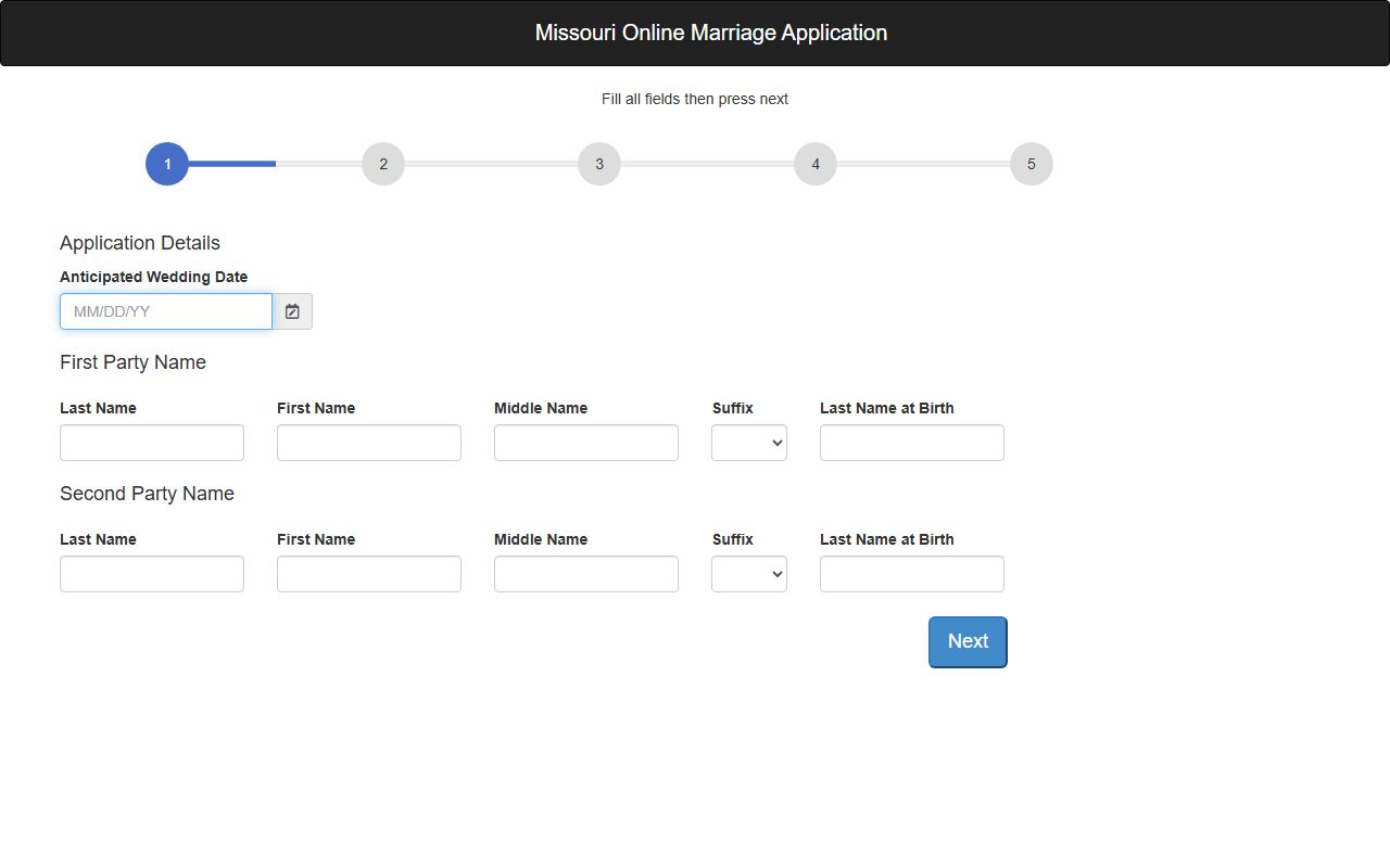 Webster County marriage records Missouri online application form fields
