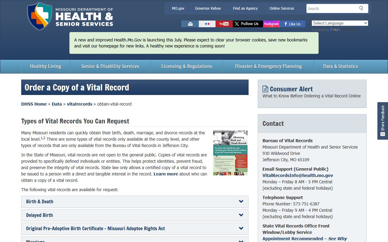 Webster County probate records Missouri vital record request channel
