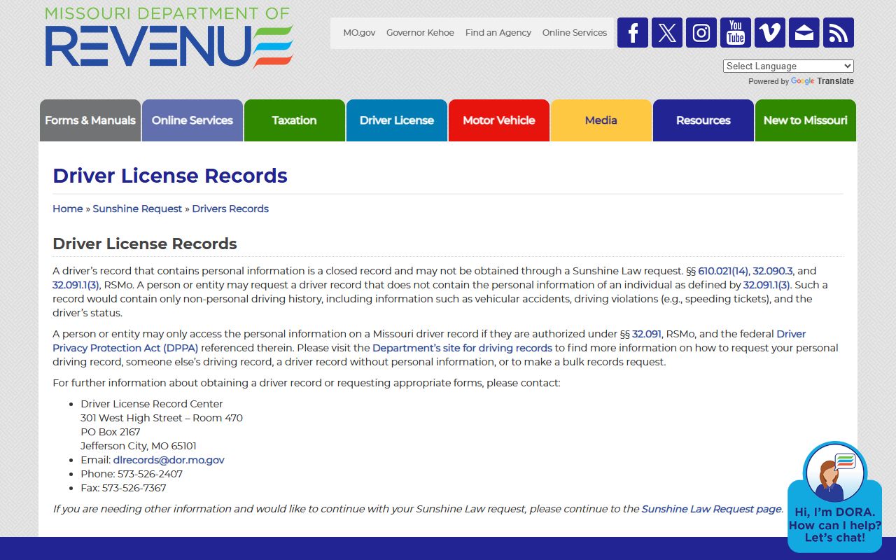 Webster County traffic court records Missouri DOR driver record privacy