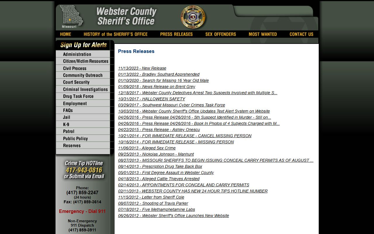 Webster County warrant records sheriff press archive